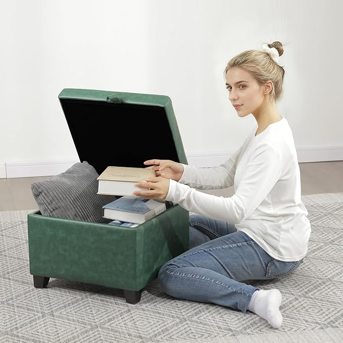 Adeco Faux Leather Storage Ottoman, 14-inch Square Cube Footrest Stool for Living Room & Bedroom, Upholstered Vanity Seat with Solid Wood Legs and Hinged Lid, Dark Green