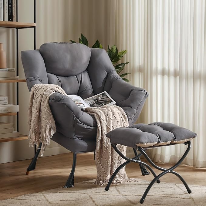 Lazy Chair with Ottoman, Large Dark Grey Accent Chair with Ottoman, Comfy Reading Armchair, Leisure Sofa Chair for Living Room, Bedroom, Dorm Room, Office