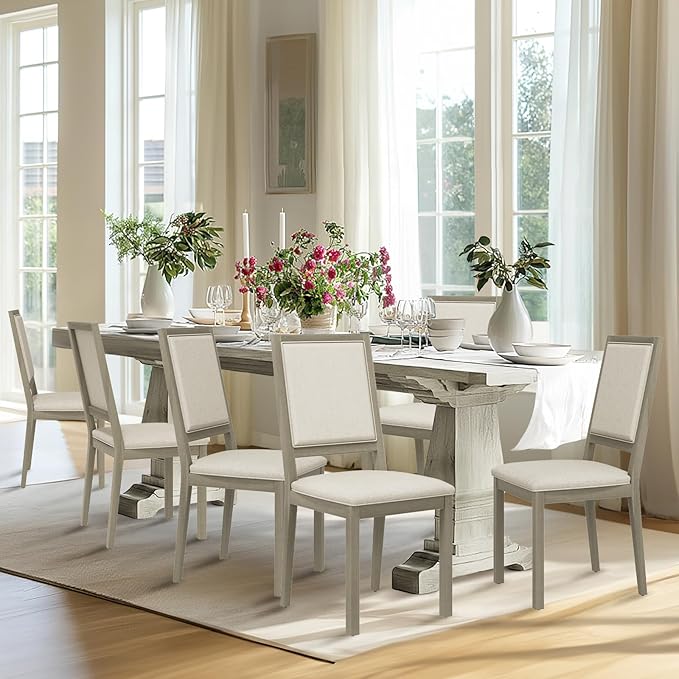COLAMY Upholstered Wood Dining Chairs Set of 6, Kitchen Dining Chairs with Back, 19 Inch Fabric Farmhouse Dining Room Side Chairs with Wooden Legs for Kitchen Dining Living Room Courtyard, Grey