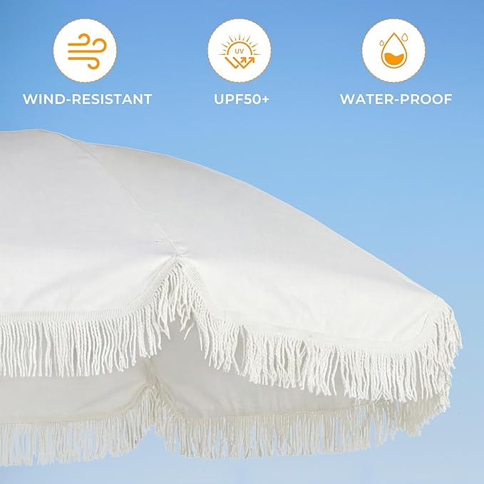 HOMEDEMO Boho Patio Umbrella with Fringe, Outdoor Tassel Umbrella with UPF50+ Sun Protection and Push Button Tilt, Premium Aluminum Pole & Fiberglass Ribs, Includes Hanging Hook