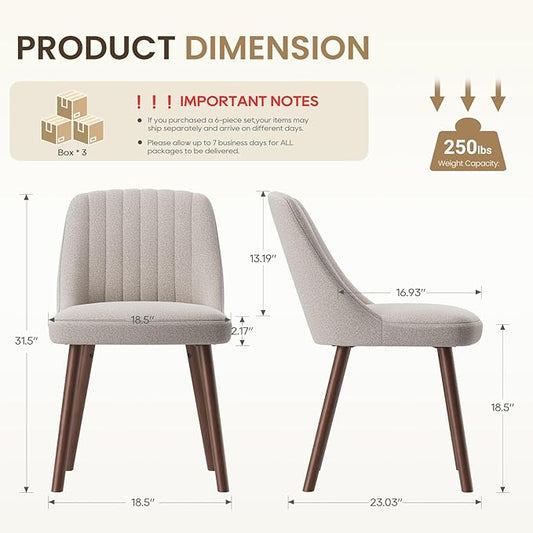 Upholstered Dining Chairs Set of 6, Modern Fabric Kitchen Chairs with Back, Wood Legs for Kitchen Dining Room Restaurant, Camel