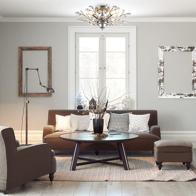 SEOL-Light 24.5" Dia 4-Light Frozen Crystal Branch Close to Ceiling Light Silvery Grey Flush Mount Fixture,E12,160W, Chandeliers for Bedroom,Living Room,Entryway;