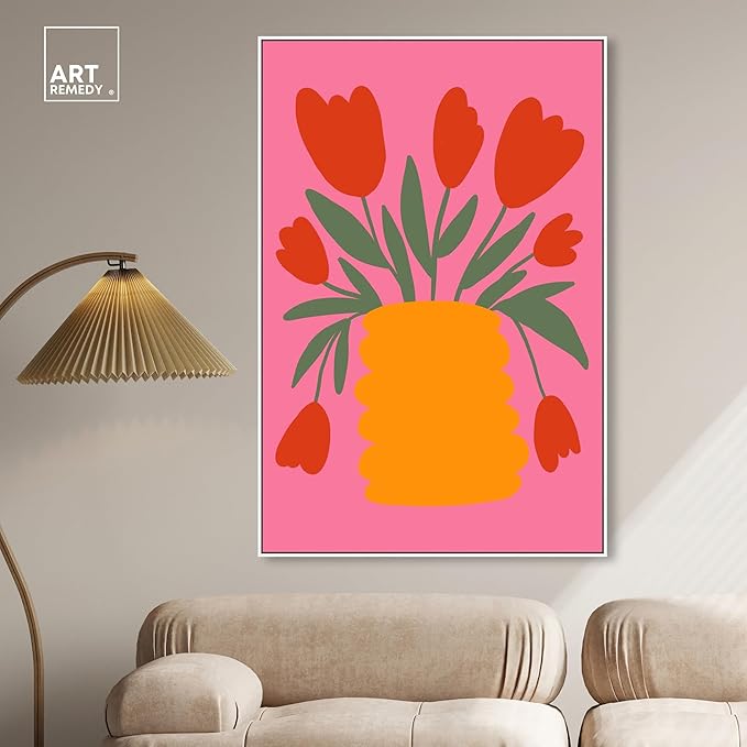 Art Remedy Bright Romantic Tulips Canvas Boho Colorful Wall Art, White Frame, 36" x 54"