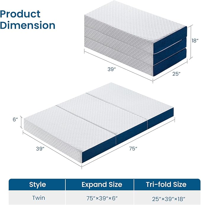 Inofia Twin Size 6 Inch Folding Mattress, Trifold Gel Memory Foam Bed, Foldable Floor Mattress with Removable Cover, Portable Floor Guest Bed for RV, Camping (75"x39"x6")