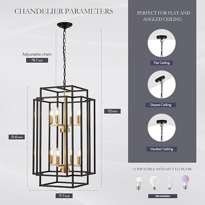 8-Light Lantern Tiered Pendant Light Fixtures, Black Metal Farmhouse Chandelier Hall Foyer Hanging Chandelier for Kitchen Island Dining Room Living Room Foyer Entryway, Black+Gold