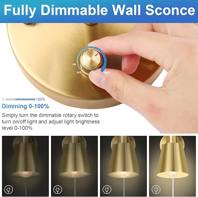 Dimmable Wall Sconce, Plug in Wall Sconce Adjustable Angle Wall Lights with Plug in Cord and Dimmer On/Off knob Switch, Gold Wall Mounted Light for Bedside Bedroom Doorway(1 Pack, 1 Bulb)