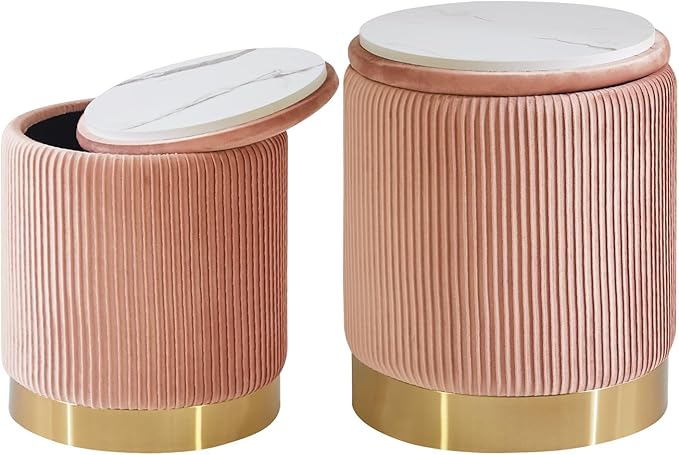 IBUYKE Round Storage Ottoman Set of 2 Ottoman for Dorm Vanity Stool with Storage Velvet FootStools End Table Boucle Ottoman for Home Organization Pink UWBD016P