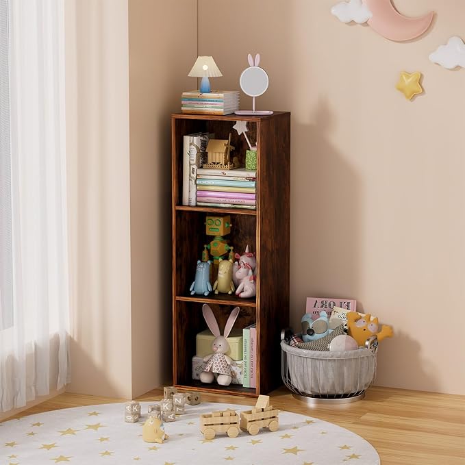 3 Tier Bookshelf, Narrow Bookcase for Small Spaces, Wooden Book Case Bookshelves Storage Organizer for Bedroom Living Room Home Office (Retro Brown, 3 Cube)