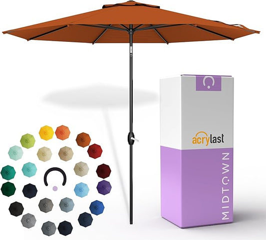 Midtown Umbrellas – The Lean 9 Ft Patio Umbrella with 10-Year-No-Fade Acrylast Acrylic Fabric, Auto-Tilt and 8 Reinforced Ribs for Deck, Pool, Garden, Hotel & Cafes – Sienna Rust Canopy, Black Pole