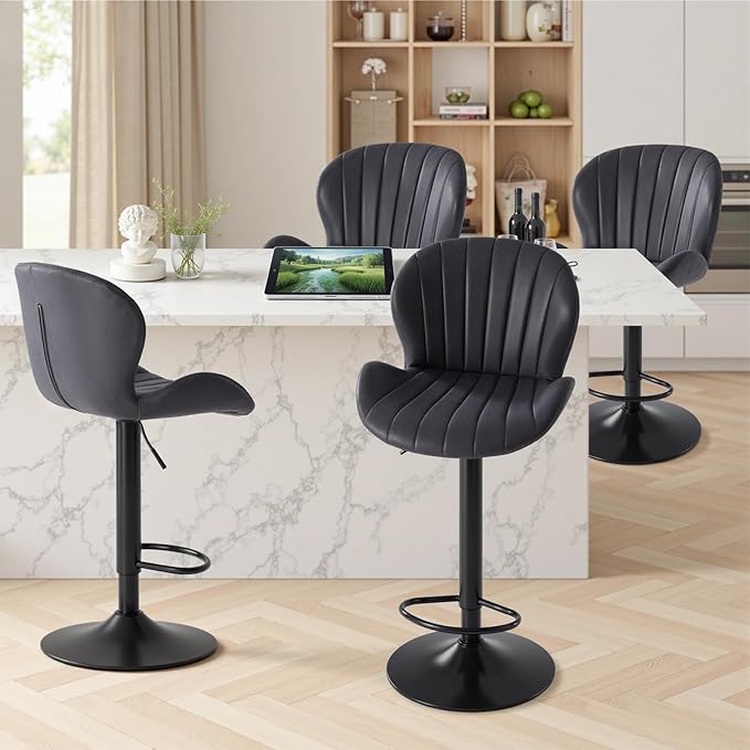 Sweetcrispy Bar Stools Set of 4, Modern Swivel Bar Chairs, Adjustable Fabric Upholstered Barstools Counter Height with Backrest for Bar, Kitchen Island, Dining Room, Black