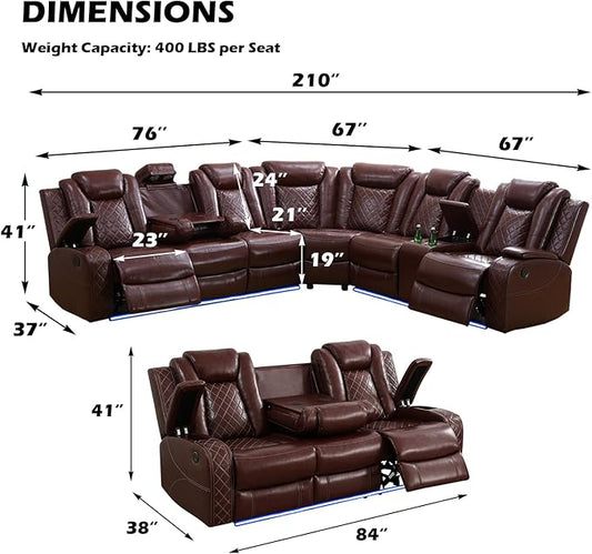 Leather Power Recliner Sectional Sofa Set with LED Light,L Shape Leather Couch Set with 3 Seats Sofa,Modular Corner Couch with USB Port for Living Room Furniture(Red, Sectional+3 Seats)