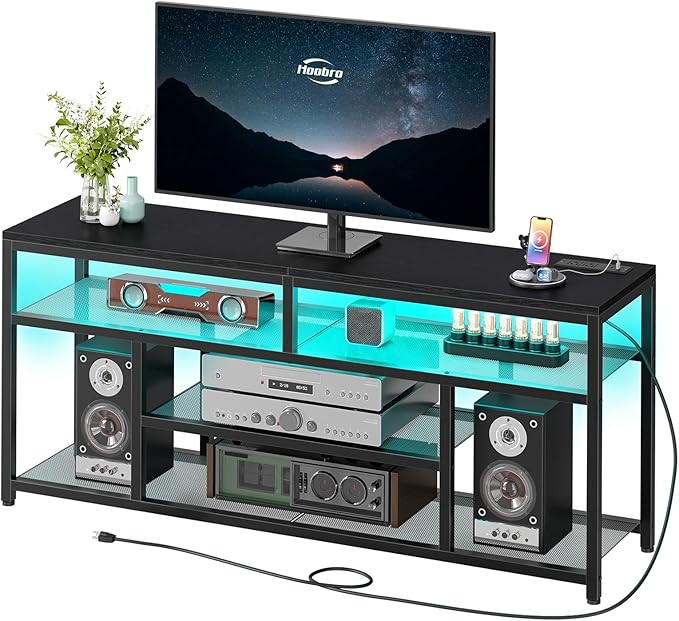 HOOBRO LED TV Stand with Charging Station, 4-Tier Entertainment Gaming Center, Modern Media Console Table, Open Shelves, 55.1"L x 13.8"W x 26.2"H, for TVs up to 65", for Living Room, Black BB47UDDS01