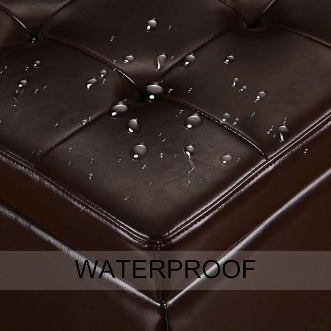 Adeco 18-inch Square Storage Ottoman, Modern Faux Leather Tufted Footrest Stool with Flip Top, Upholstered Accent Bench for Living Room & Bedroom, Chocolate Brown