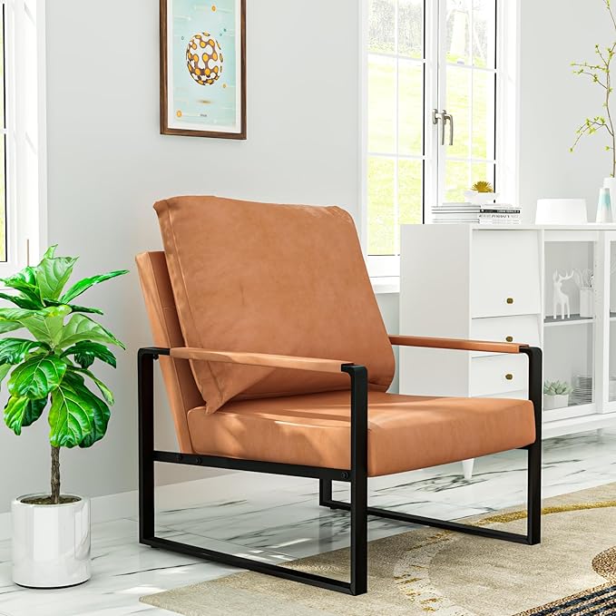 AWQM Modern PU Leather Accent Chair Arm Chair with Extra-Thick Padded Backrest and Seat Cushion Sofa Chairs for Living Room Bedroom, 105 Degree Slant Back, Non-Slip Adsorption Feet-Apricot（Set of 1）