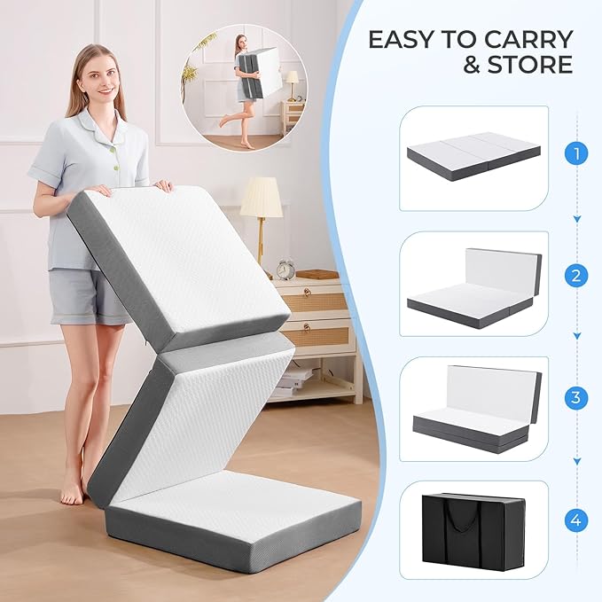 MASVIS Trifold Mattress, 6 Inch Memory Foam Foldable Mattress with Washable Cover, Tri-Folding Floor Bed for Camping, Queen