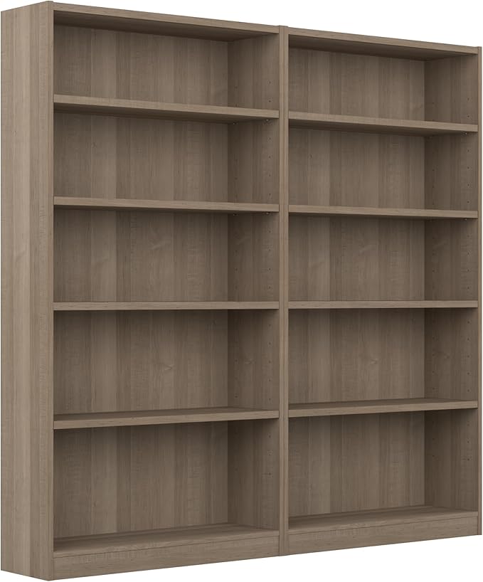 Bush Furniture Universal Tall 5 Shelf Bookcase in Ash Gray - Set of 2, Matching Storage and Display Bookshelves for Home Office or Living Room Organization