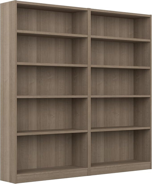 Bush Furniture Universal Tall 5 Shelf Bookcase in Ash Gray - Set of 2, Matching Storage and Display Bookshelves for Home Office or Living Room Organization