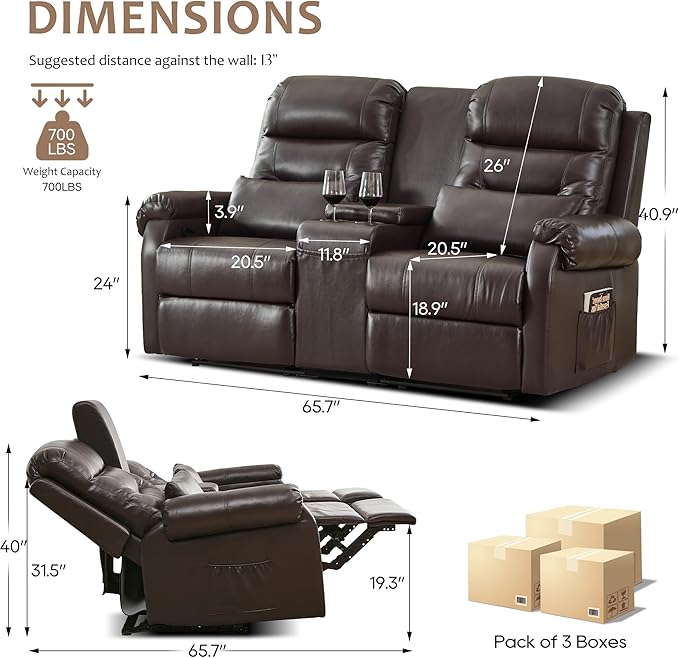 DRMBOOK RV Loveseat Recliner Sofa with Console, Faux Leather Double Wall Hugger Reclining Couch Manual Home Movie Seating 2 Person Recliner Chair with Cup Holders/Storage/Pocket/Lumbar Pillow, Brown