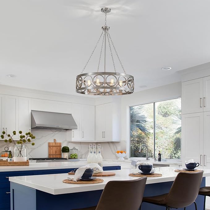 XINGQI 32.3" Large Drum Chandelier Modern Brushed Nickel 8-Light Rustic Farmhouse Round Pendant Lighting Fixture for Dining Room Living Room Office Kitchen Island