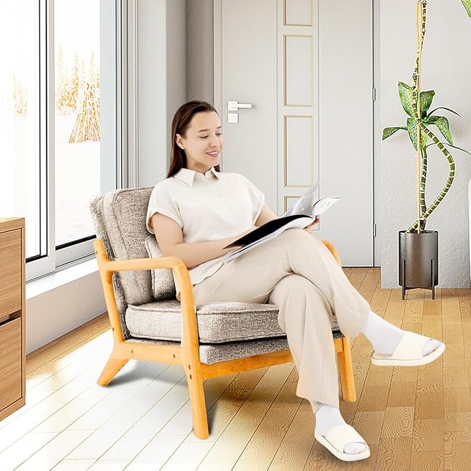 Modern Accent Chair Set of 2 with Lumbar Pillow, Relaxing Mid Century Chair Armchair with Solid Wood Frame & Soft Cushion, Reading Leisure Armchair for Living Room, Grey