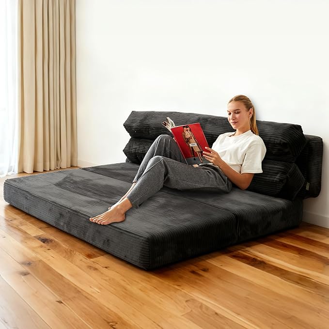 Convertible Sofa Bed, Folding Sofa Bed Couch, Pallout Floor Couch, Convertible Futon Chair Beds, Floor Teddy Sofa, Mini Couch for Bedroom, Love Seat Sleeper Beds(Dark Grey,51.1"×53.9"×23.6")