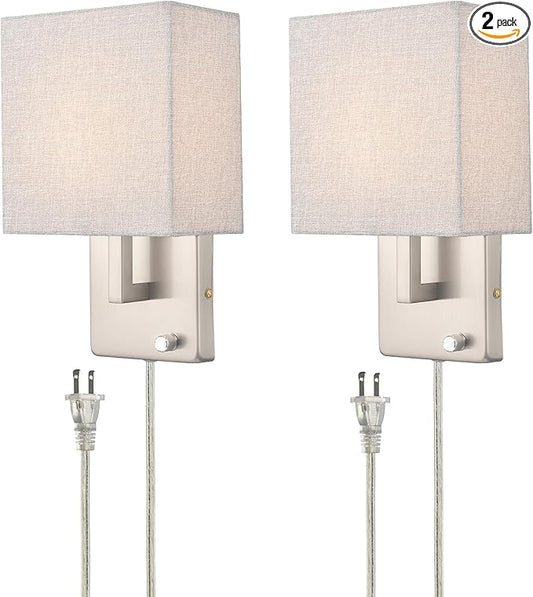 YUBOLE Modern Wall Sconces Brushed Nickel-Plug in(Received Version) and Hardwired Design Wall Light with Dimmable Switch for Bedroom Bathroom Set of 2