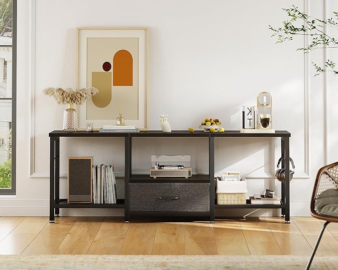 Casaottima 47" TV Stand with Open Storage Shelves for 43, 50 Inch TV, Entertainment Center with Fabric Drawers, TV Console Table with Soundbar Shelf TV Stand for Living Room Bedroom, Pure Black