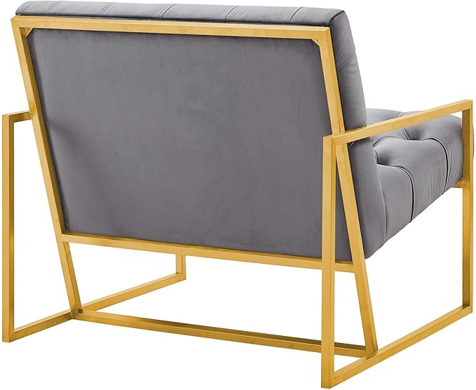 Modway Bequest Performance Velvet Upholstered Accent Lounge Arm Chair with Gold Stainless Steel Frame in Gray
