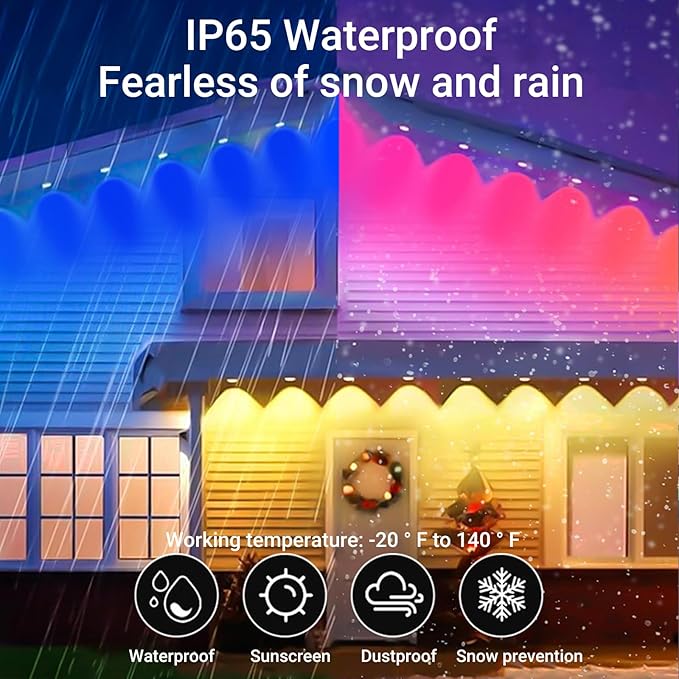 100FT Permanent Outdoor RGB Lights - IP67 Waterproof Smart 50 LEDs Eaves Lights with App/Remote Control,for Christmas and All Holiday Decor, Daily and Accent Lighting,House Roof,Garden Lighting