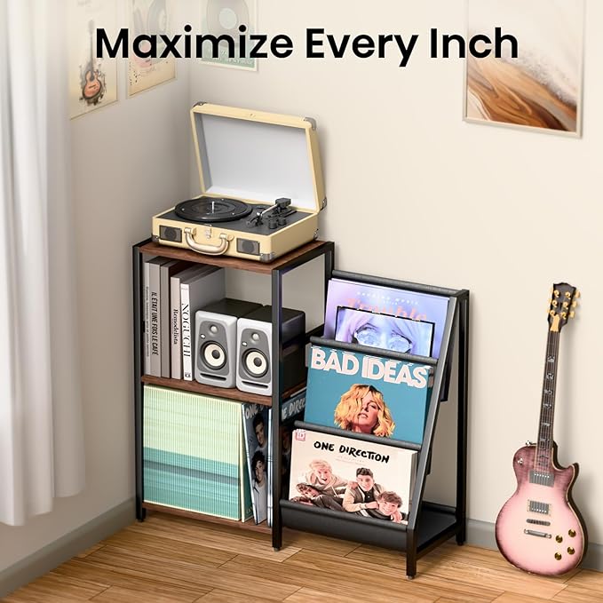 Record Player Stand, Turntable Stand with Vinyl Record Storage Holds up to 300+ Albums, 3-Tier Storage Cabinet And Table with Vinyl LP Display Shelf Holder, Turntable Cabinet Media Console for Living Room