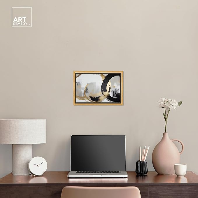 Art Remedy Another Dimension Canvas Modern Black White Abstract Wall Art, Gold Frame, 15" x 10"