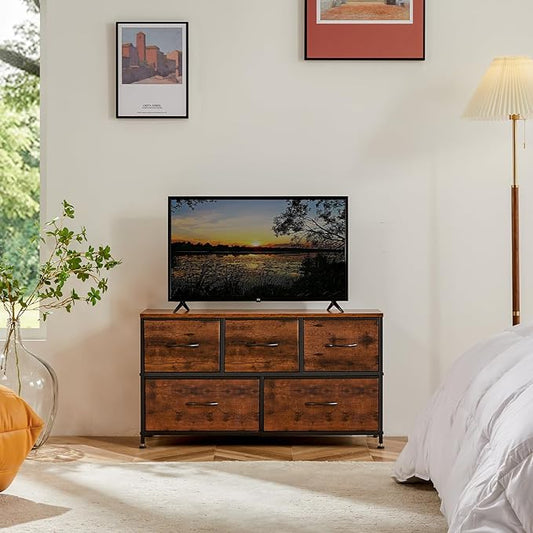 OLIXIS Dresser Nightstand for Bedroom, 5 Storage Drawers, Wide Fabric Closet Chests Organizer Furniture, TV Stand with Wooden Top Metal Frame for Clothes, Living Room, Entryway,Classic Rust Brown
