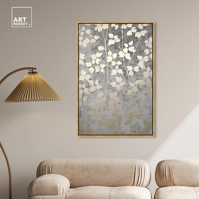 Art Remedy Silvery Gray Garden Canvas Elegant Floral Wall Art, Gold Frame, 30" x 45"