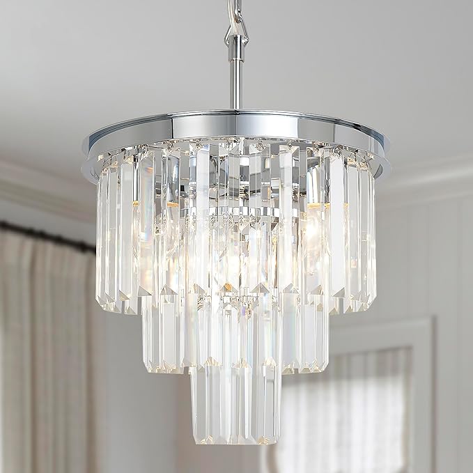 Crystal Chrome Chandelier Modern Chandeliers Lighting 4 Lights Pendant Ceiling Light Fixture 3-Tier for Dining Room Living Room Kitchen Island