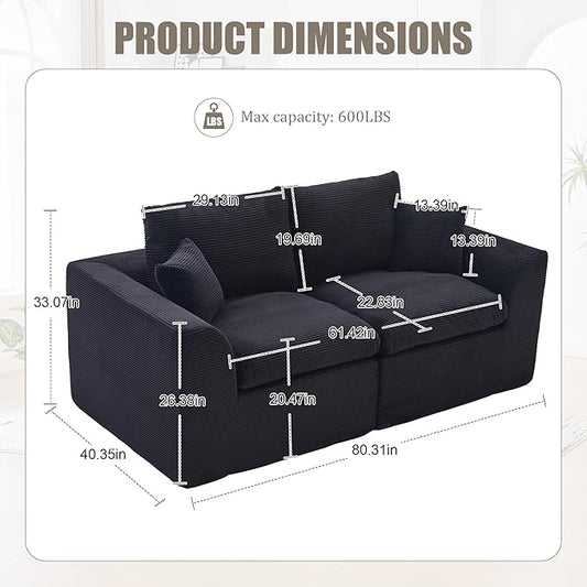 80.3" Cloud Loveseat Boneless Sofas for Living Room, 2 Seaters Modular Foam Cloud Sofa Couches, 2 Seat Compression Foam Couch with Toss Pillows, No Assembly Required