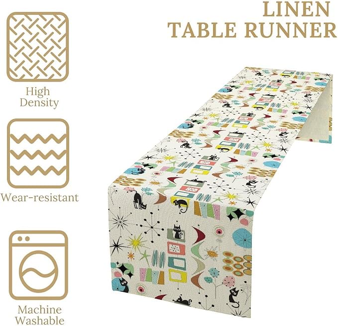 Mid Century Table Runner Modern Black Cat Colorful Geometric Atomic Star for Kitchen Dining Room Dining Table Decoration 13x120in