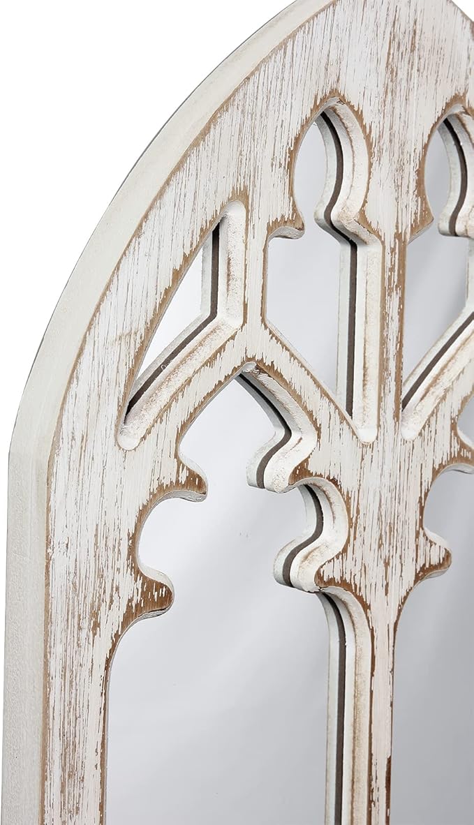 Farmhouse Wood Frame Arched Window Mirror 12 x 38 inches, Hanging Distressed White Rustic Cathedral Hallway Mirrors for Wall, Decorative Long Mirrors for Wall Decor Living Room Entryway