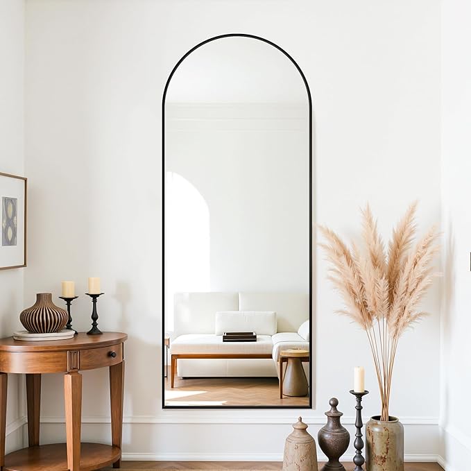 Floor Mirror 58"×18" inch Standing Full Length Mirror with Stand Black, Clear Glass, Arched Oval Framed for Wall Bedroom Big Living Room Modern Decor
