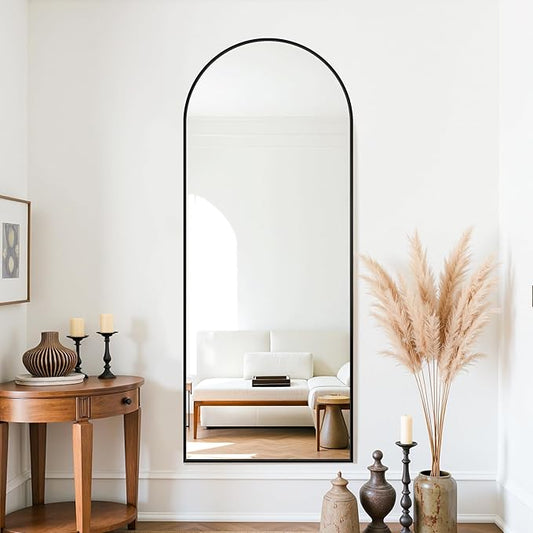 Floor Mirror 58"×18" inch Standing Full Length Mirror with Stand Black, Clear Glass, Arched Oval Framed for Wall Bedroom Big Living Room Modern Decor