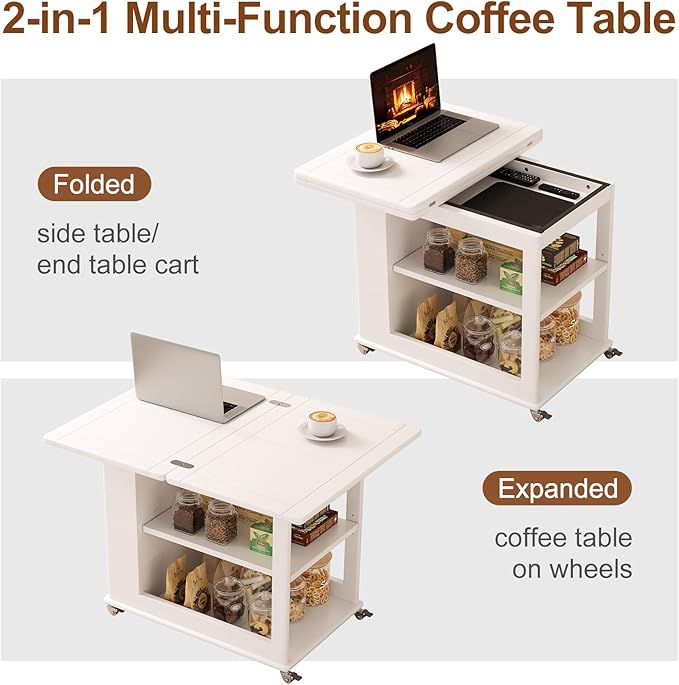 Folding Dining Table with Wheels, Solid Wood Dining Table Stylish 2-Tier Design for 2-4,White Hidden Storage for Living Room,Small Spaces, Dining Room, Kitchen