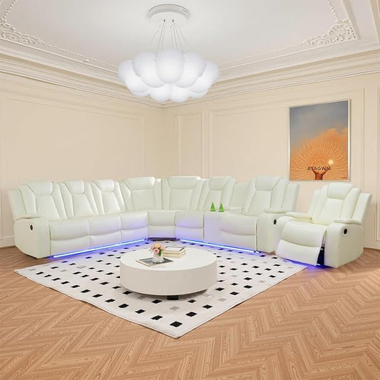 Power Reclinier Sectional Sofa Set,White Leather Reclining Sectional Modular Sofa Set with Chair,L Shaped Leather Couch with LED Light for Living Room/House/Apartment/Lounge(L+Chair)