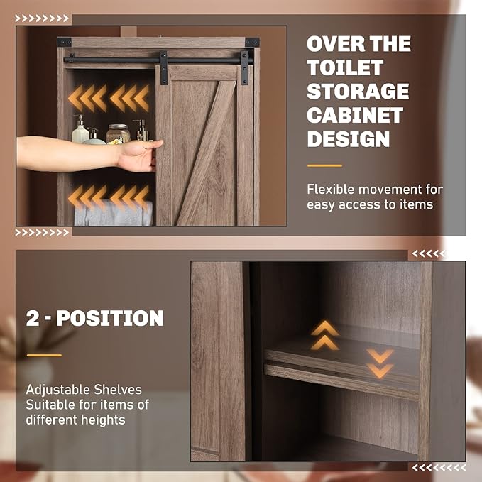 Over The Toilet Storage Cabinet, Behind Toilet Bathroom Organizer with Adjustable Shelves, Above Toilet Organizers with Barn Door, Space Saver for Restroom, Bathroom, Laundry, Grey