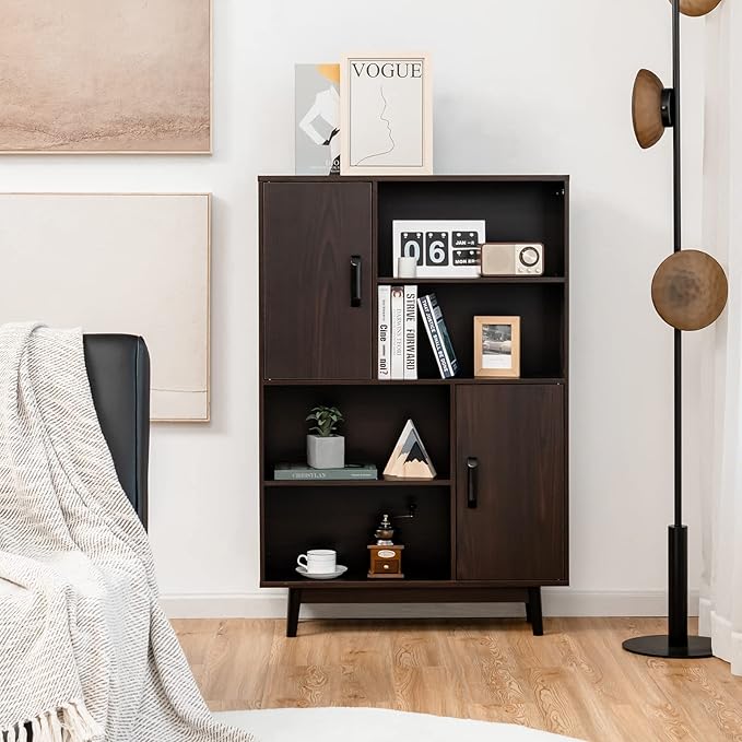 Giantex Storage Cabinet with Legs, Floor Cabinet with Doors, Shelves, Anti-Tipping Device, 4-Tier Bookshelf for Books & Photos, Tall Cupboard in Living Room, Kitchen Buffet Sideboard (Espresso)
