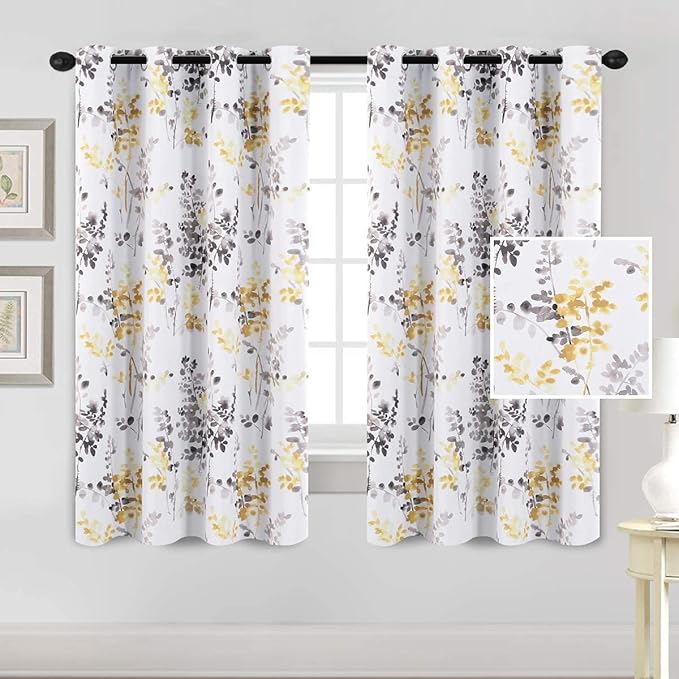 H.VERSAILTEX Floral Curtains for Living Room Darkening Thermal Insulated Panels 63 Inch Long Light Blocking Grommet Curtains/Drapes, 2 Panels, Vintage Classical Floral Printing Grey and Yellow