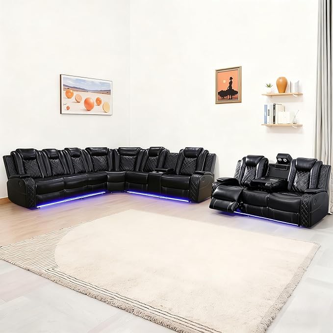 Power Reclinier Sectional Sofa Set,Black Leather Reclining Sectional Modular Couch Set,L Shaped Leather Couch with LED Light for Living Room/House/Apartment/Lounge/Club(L+3 Seats Sofa)
