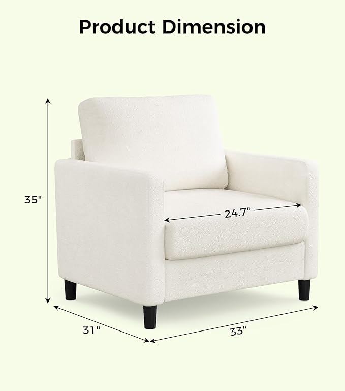 Welzona Sofa Accent Chair, 33" Reading Chair for Bedroom, Tool-Free Setup Living Room Accent Chairs, Comfy Arm Chairs Living Room, All-Wood Reading Nook, Cream White