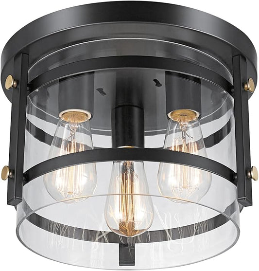 Globe Electric 60417 3-Light Flush Mount Ceiling Fixture, Dark Bronze Finish, Brass Detail, Clear Glass Shade, Modern Lighting for Kitchen, Bedroom, or Dining Room, Rustic, E26 Base