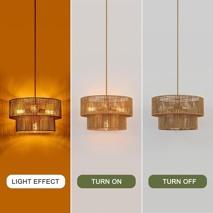 17.8" Golden Boho Rattan Chandelier Light Fixture 4-Light Hand-Woven Bamboo Vintage Farmhouse Chandelier Drum Wicker Chandeliers for Dining Room, Living Room, Kitchen Island,Bedroom,Foyer