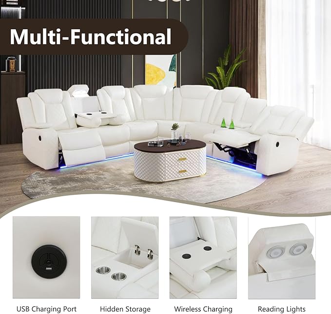Power Recliner Sectional Sofa with LED Lighting, Breathing Leather Corner Couch with USB Port,Storage Console, Cup Holders, Reading Light – Home Theater & Living Room Seating (Cream White)