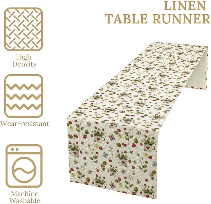 Strawberry Vintage Table Runne Boho Retro Flower Floral Butterfly Rustic Dining Table Decoration for Kitchen Dining Room Holiday Party Decor 13x120in
